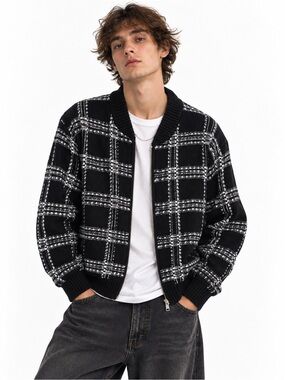 New Mode of One Men's Plaid grid Sweater Zip Up Relaxed Fit Loose skater indie